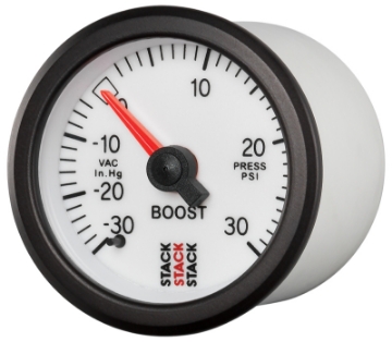 Picture of Autometer Stack 52mm -30INHG to +30 PSI Incl T-Fitting Mechanical Boost Pressure Gauge - White