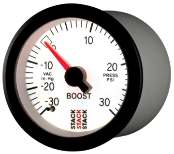 Picture of Autometer Stack 52mm -30INHG to +30 PSI Incl T-Fitting Mechanical Boost Pressure Gauge - White