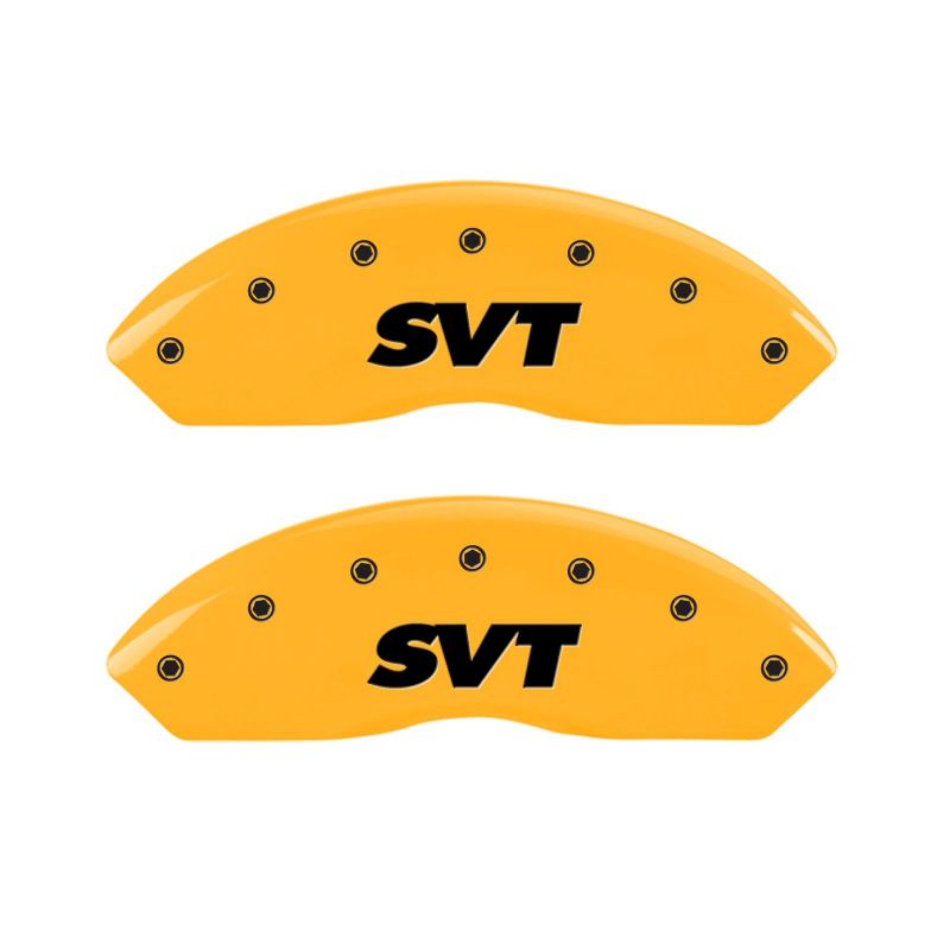 Picture of MGP 4 Caliper Covers Engraved Front & Rear SVT Yellow Finish Black Char 2003 Ford Mustang