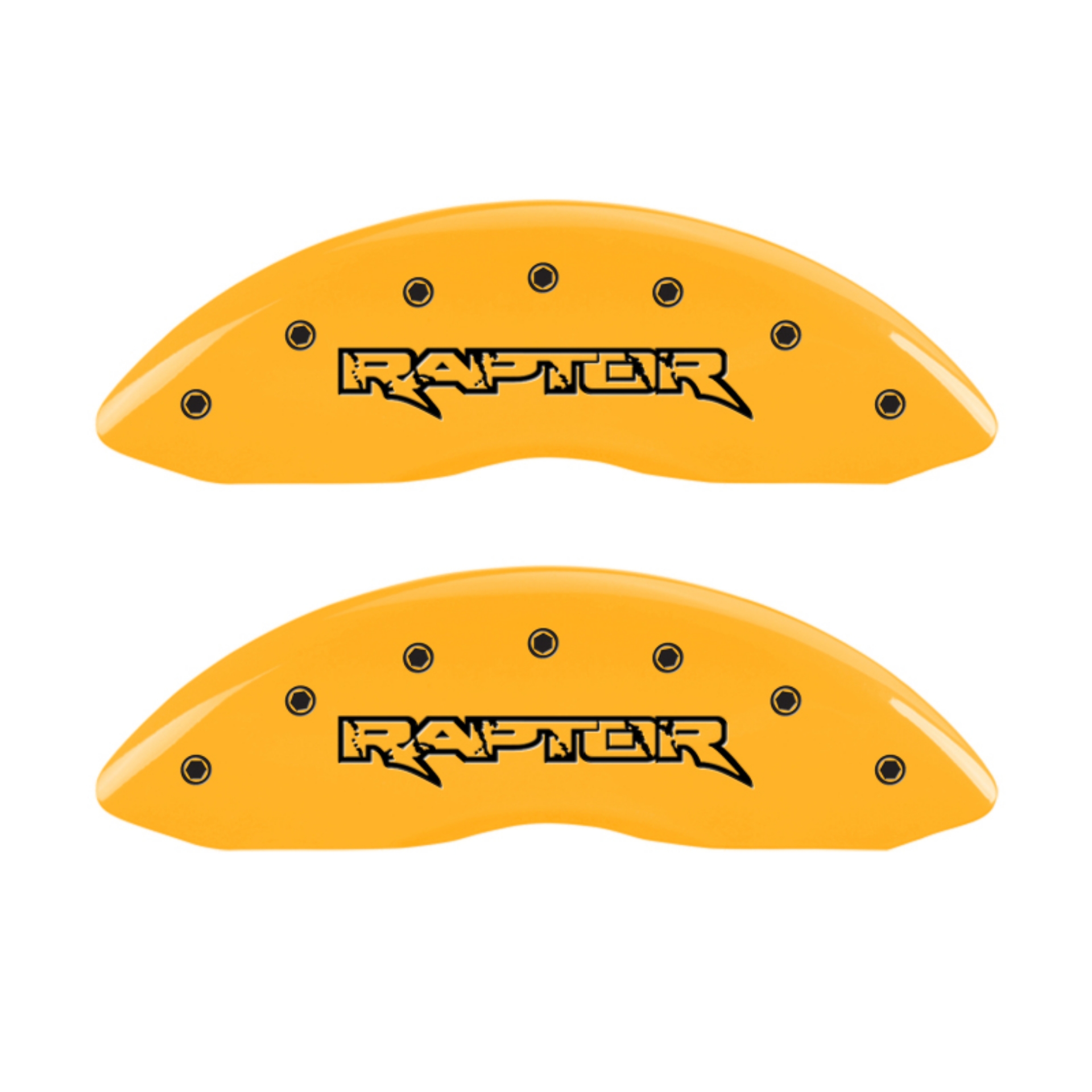Picture of MGP 4 Caliper Covers Engraved Front & Rear Raptor Yellow Finish Black Char 2011 Ford F-150