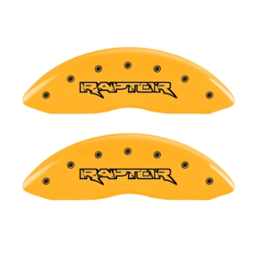 Picture of MGP 4 Caliper Covers Engraved Front & Rear Raptor Yellow Finish Black Char 2011 Ford F-150