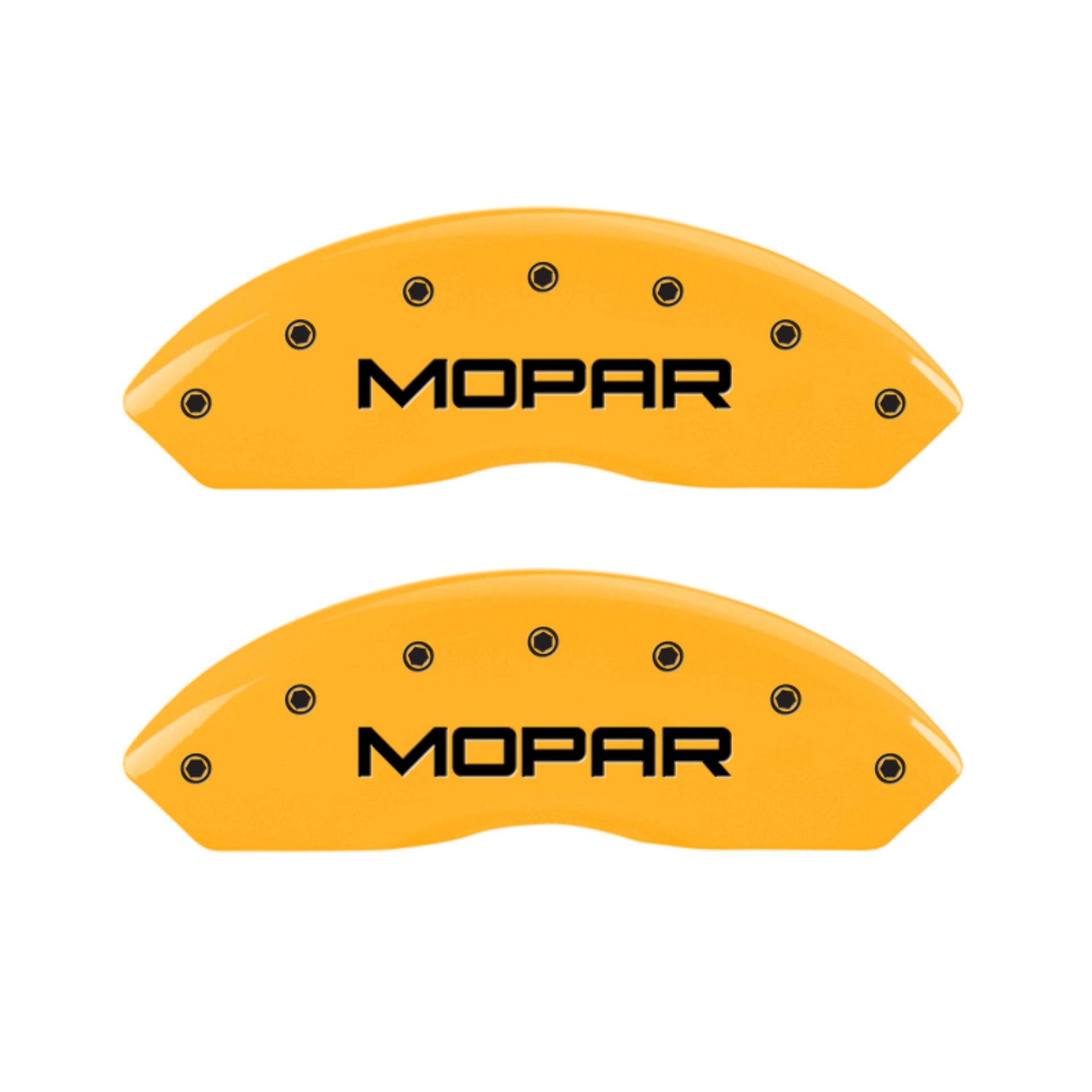 Picture of MGP 4 Caliper Covers Engraved Front & Rear Mopar Yellow Finish Black Char 2010 Dodge Nitro