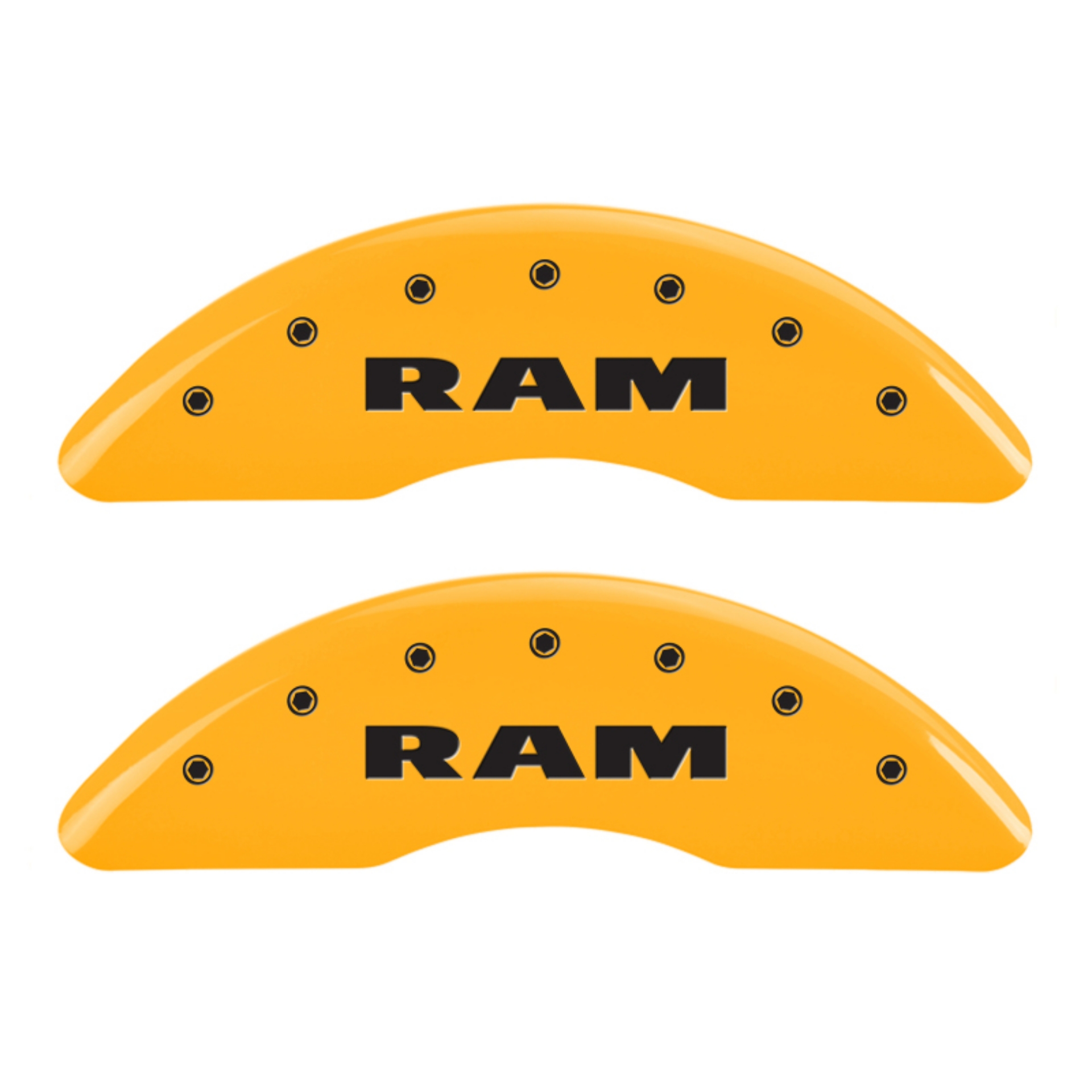 Picture of MGP 4 Caliper Covers Engraved Front & Rear Ram Yellow Finish Black Char 2010 Dodge Ram 2500