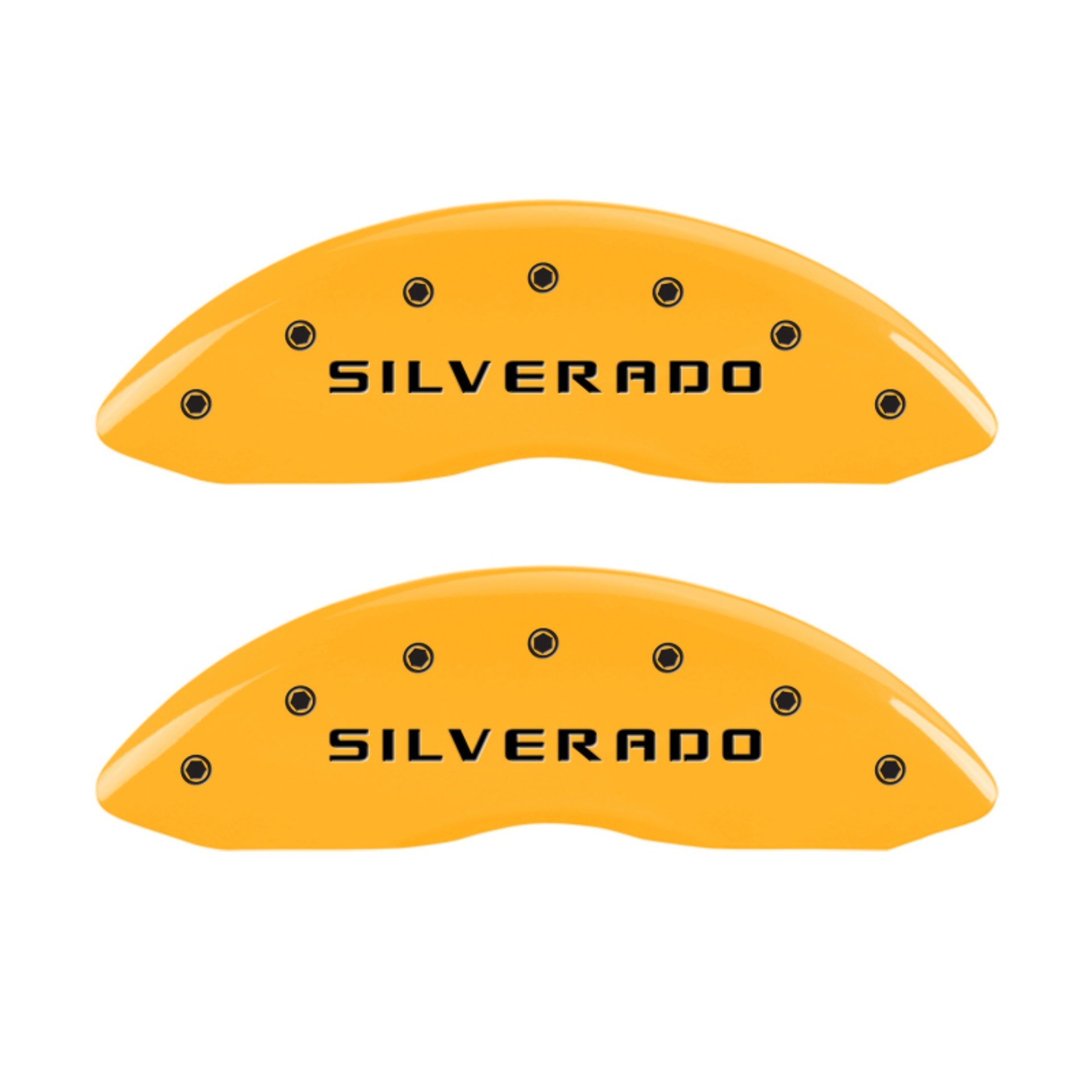 Picture of MGP 4 Caliper Covers Engraved Front & Rear Silverado Yellow Finish Blk Char 04 Chevy Avalanche 1500