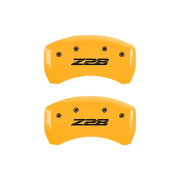 Picture of MGP 4 Caliper Covers Engraved Front Camaro Rear Z28 Yellow Finish Black Char 2000 Chevy Camaro