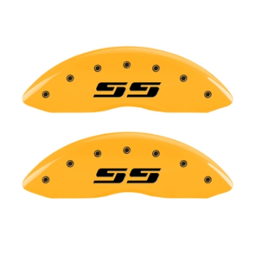 Picture of MGP 4 Caliper Covers Engraved F & R Silverado SS Yellow Finish Black Char 2002 Chevy Silverado 1500