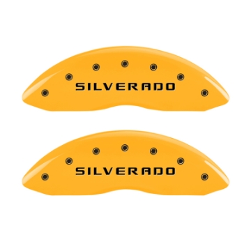 Picture of MGP 4 Caliper Covers Engraved Front & Rear Silverado Yellow Finish Blk Char 02 Chevy Avalanche 2500
