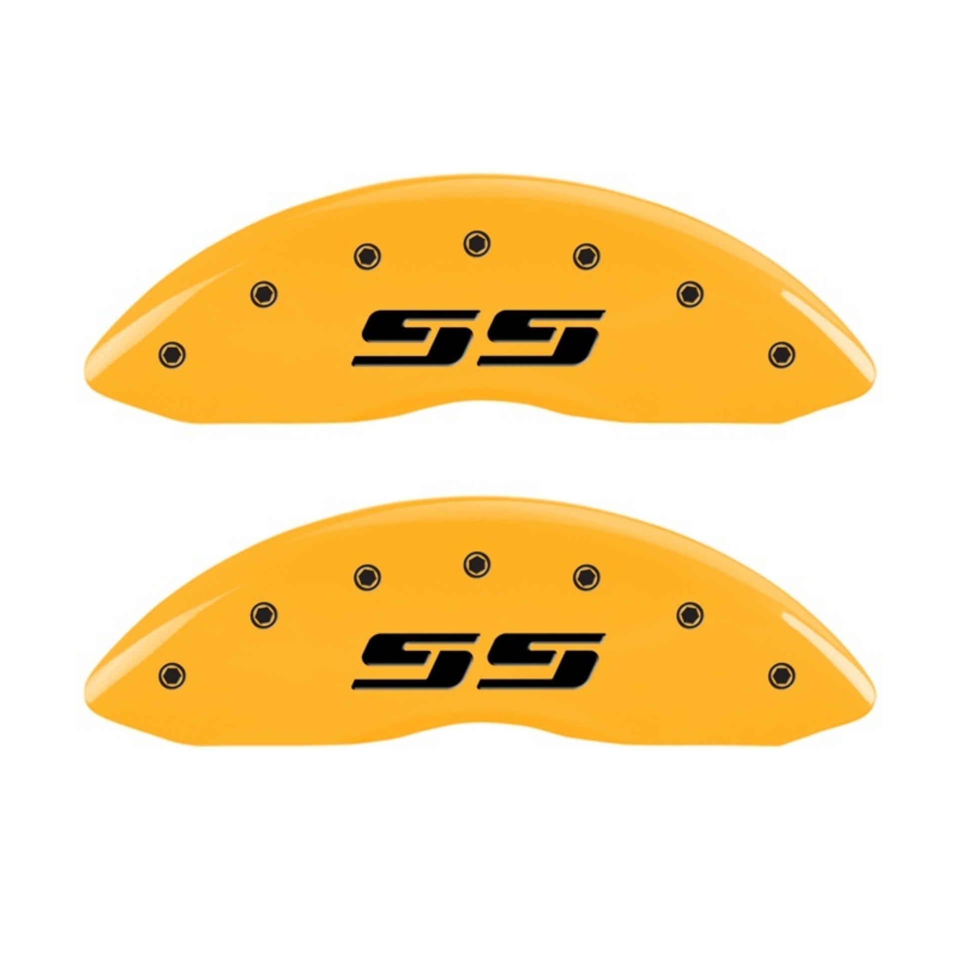 Picture of MGP 2 Caliper Covers Engraved Silverado SS Yellow Finish Blk Char 10 Chevy Silverado 1500