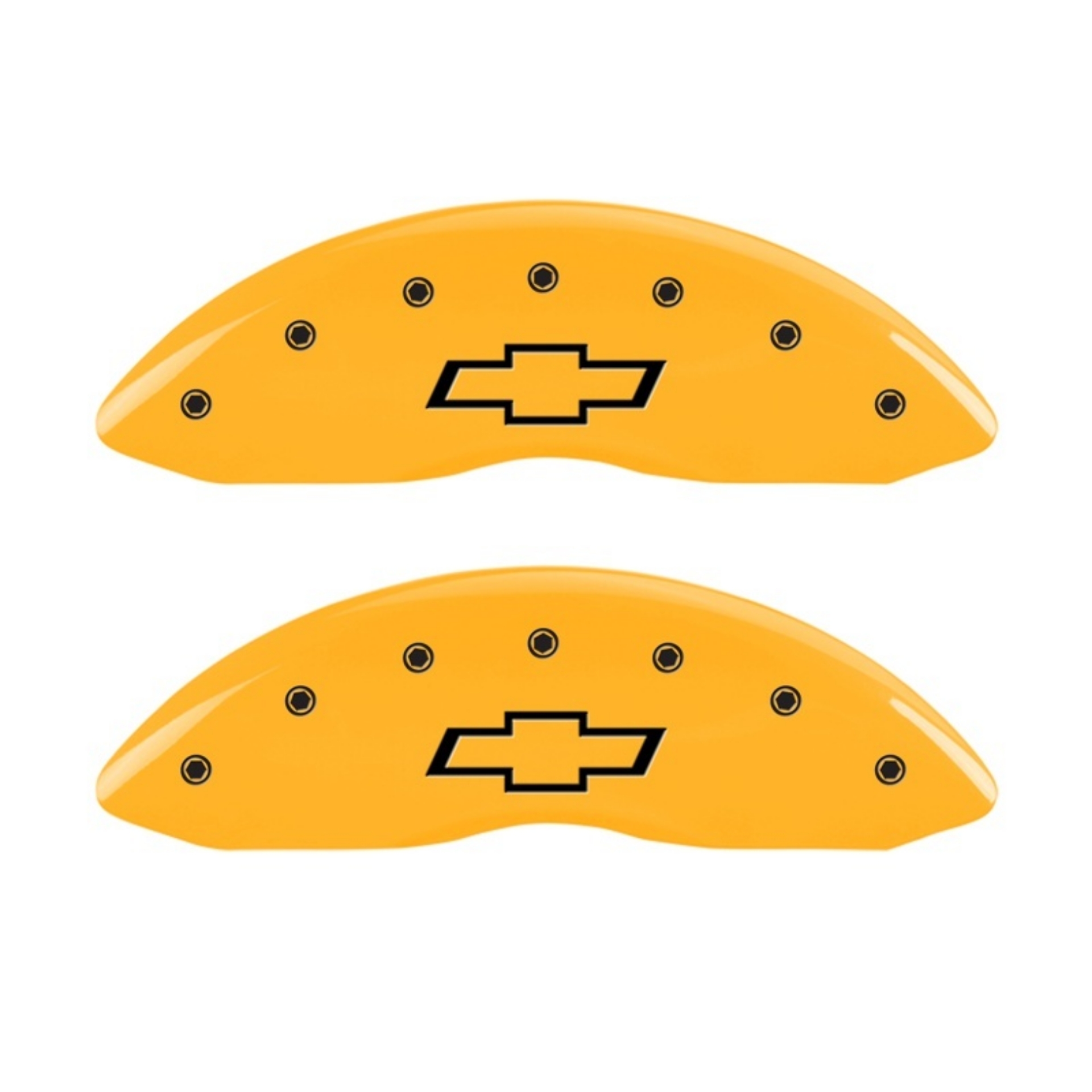Picture of MGP 2 Caliper Covers Engraved Front Bowtie Yellow Finish Blk Char 05 Chevy Silverado 1500
