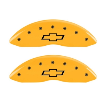 Picture of MGP 2 Caliper Covers Engraved Front Bowtie Yellow Finish Blk Char 05 Chevy Silverado 1500