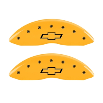 Picture of MGP 2 Caliper Covers Engraved Front Bowtie Yellow Finish Blk Char 05 Chevy Silverado 1500