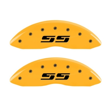 Picture of MGP 2 Caliper Covers Engraved Silverado SS Yellow Finish Blk Char 05 Chevy Silverado 1500