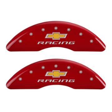 Picture of MGP 4 Caliper Covers Engraved Front & Rear Chevy Racing Red Finish Silver Char 2016 Chevrolet Camaro