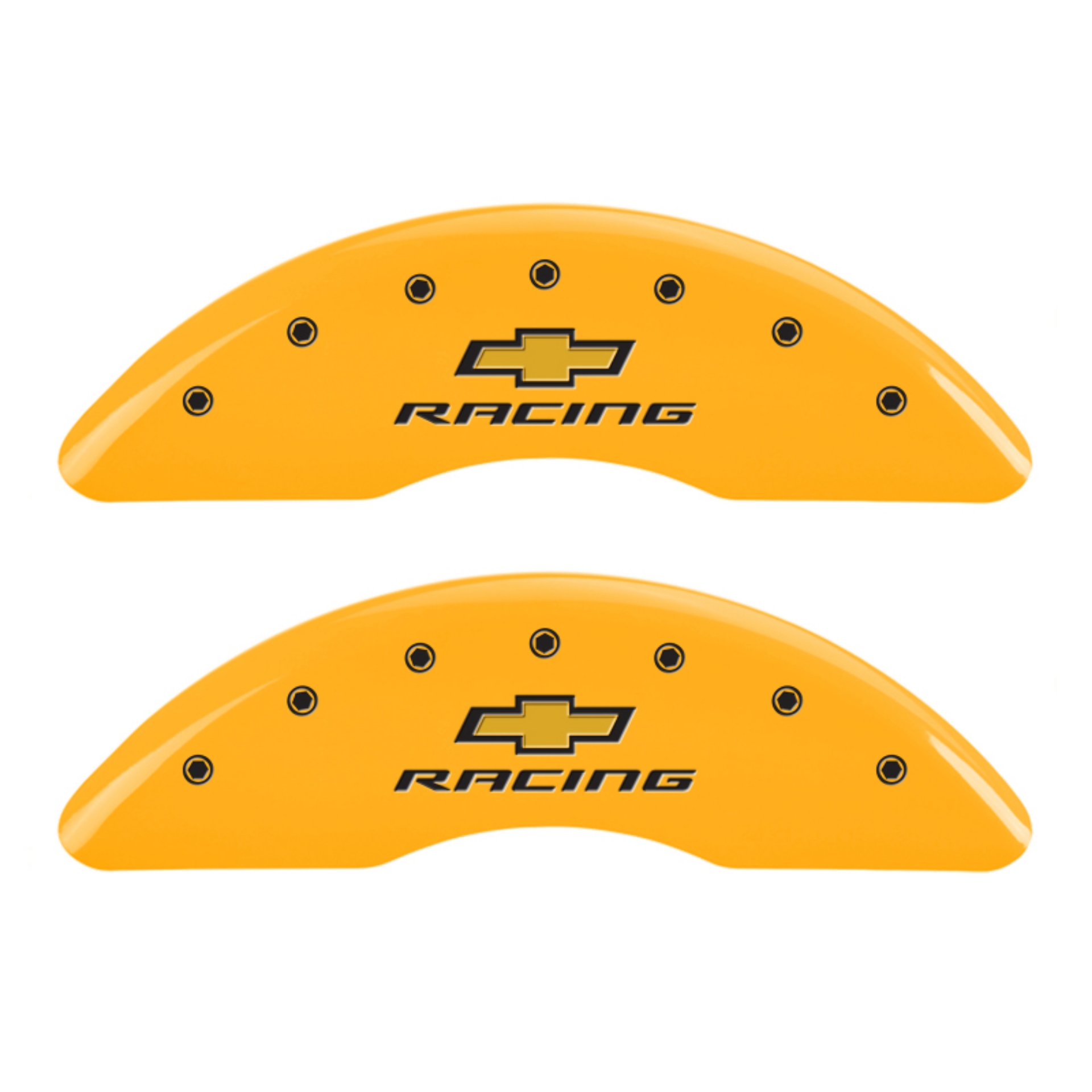 Picture of MGP 4 Caliper Covers Engraved F & R Chevy Racing Yellow Finish Black Char 2016 Chevrolet Camaro