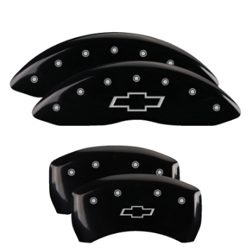Picture of MGP 4 Caliper Covers Engraved Front & Rear Bowtie Black Finish Silver Char 2019 Chevrolet Malibu