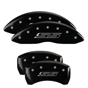 Picture of MGP 4 Caliper Covers Engraved Front & Rear Bowtie Black Finish Silver Char 2016 Chevrolet SS