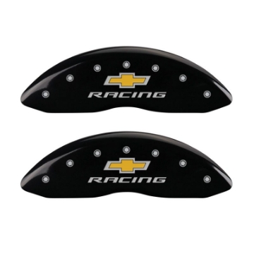 Picture of MGP 4 Caliper Covers Engraved Front & Rear Chevy Racing Black Finish Silver Char 2016 Chevrolet SS