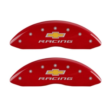 Picture of MGP 4 Caliper Covers Engraved Front & Rear Chevy Racing Red Finish Silver Char 2016 Chevrolet SS