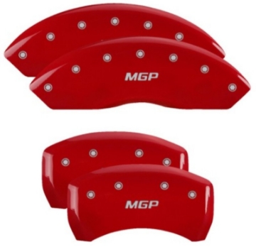 Picture of MGP 4 Caliper Covers Engraved Front & Rear MGP Red Finish Silver Char 2019 Chevrolet Blazer