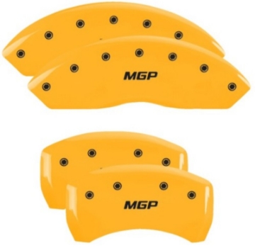 Picture of MGP 4 Caliper Covers Engraved Front & Rear MGP Yellow Finish Black Char 2019 Chevrolet Blazer