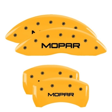 Picture of MGP 4 Caliper Covers Engraved Front & Rear Mopar Yellow Finish Black Char 2017 Chrysler Pacifica