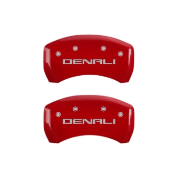 Picture of MGP 4 Caliper Covers Engraved Front & Rear Denali Red Finish Silver Char 2019 GMC Arcadia