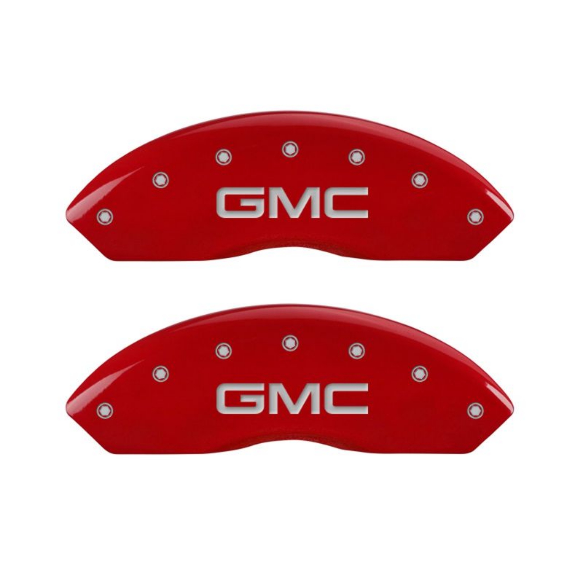 Picture of MGP 4 Caliper Covers Engraved Front & Rear GMC Red Finish Silver Char 2019 GMC Arcadia