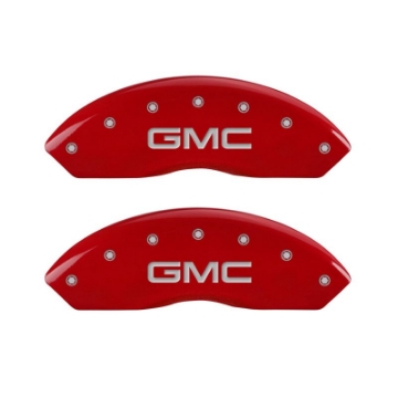 Picture of MGP 4 Caliper Covers Engraved Front & Rear GMC Red Finish Silver Char 2019 GMC Arcadia