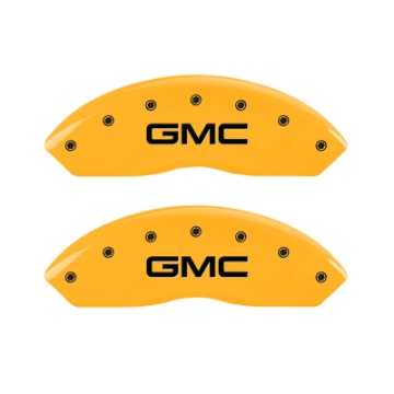 Picture of MGP 4 Caliper Covers Engraved Front & Rear GMC Yellow Finish Black Char 2019 GMC Arcadia