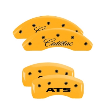 Picture of MGP 4 Caliper Covers Engraved Front Cadillac Rear CTS Yellow Finish Black Char 2004 Cadillac CTS