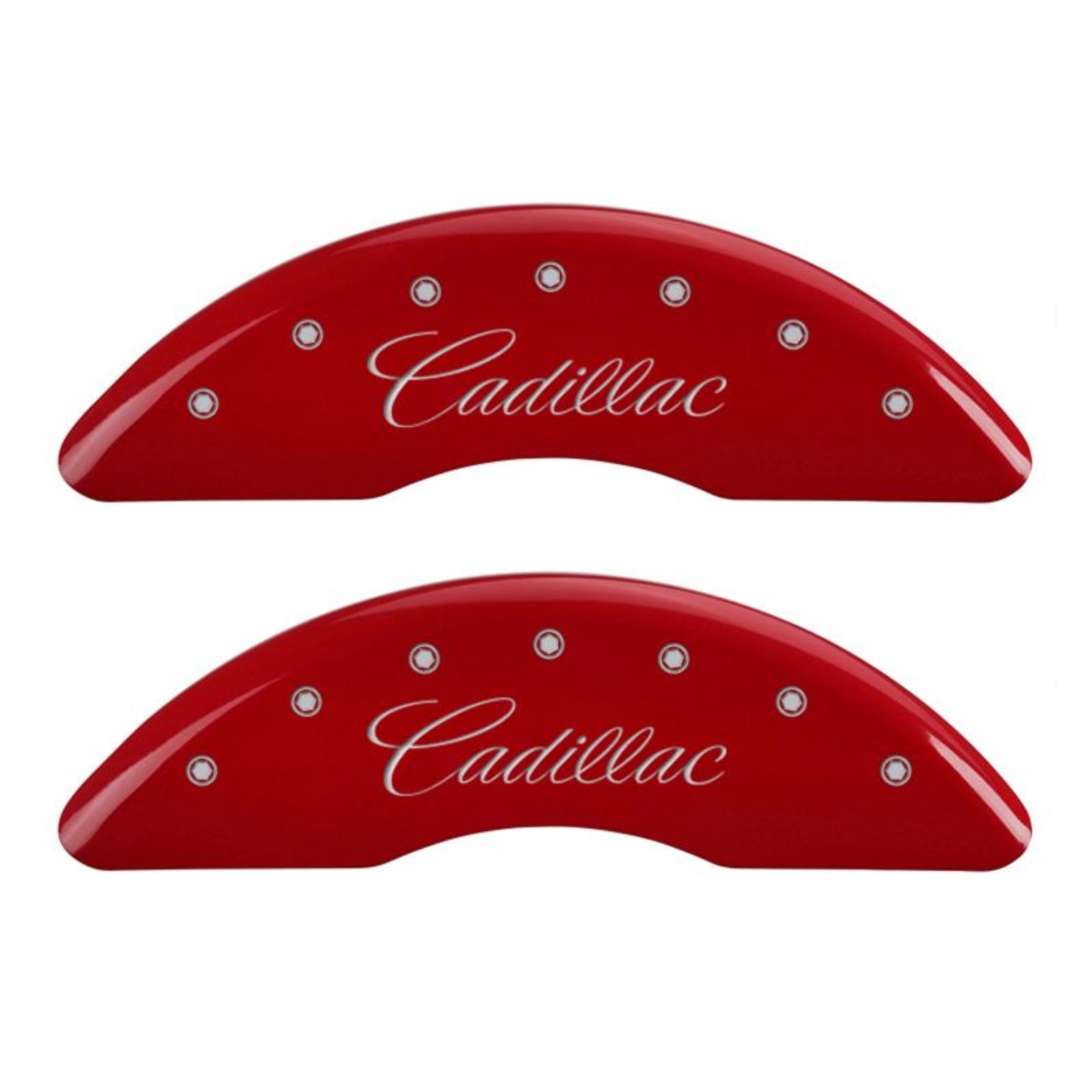 Picture of MGP 4 Caliper Covers Engraved Front & Rear Cursive-Cadillac Red Finish Silver Char 2016 Cadillac CT6