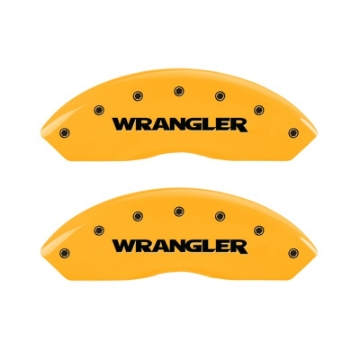 Picture of MGP 2 Caliper Covers Engraved Front Wrangler Yellow Finish Black Char 2006 Jeep Wrangler