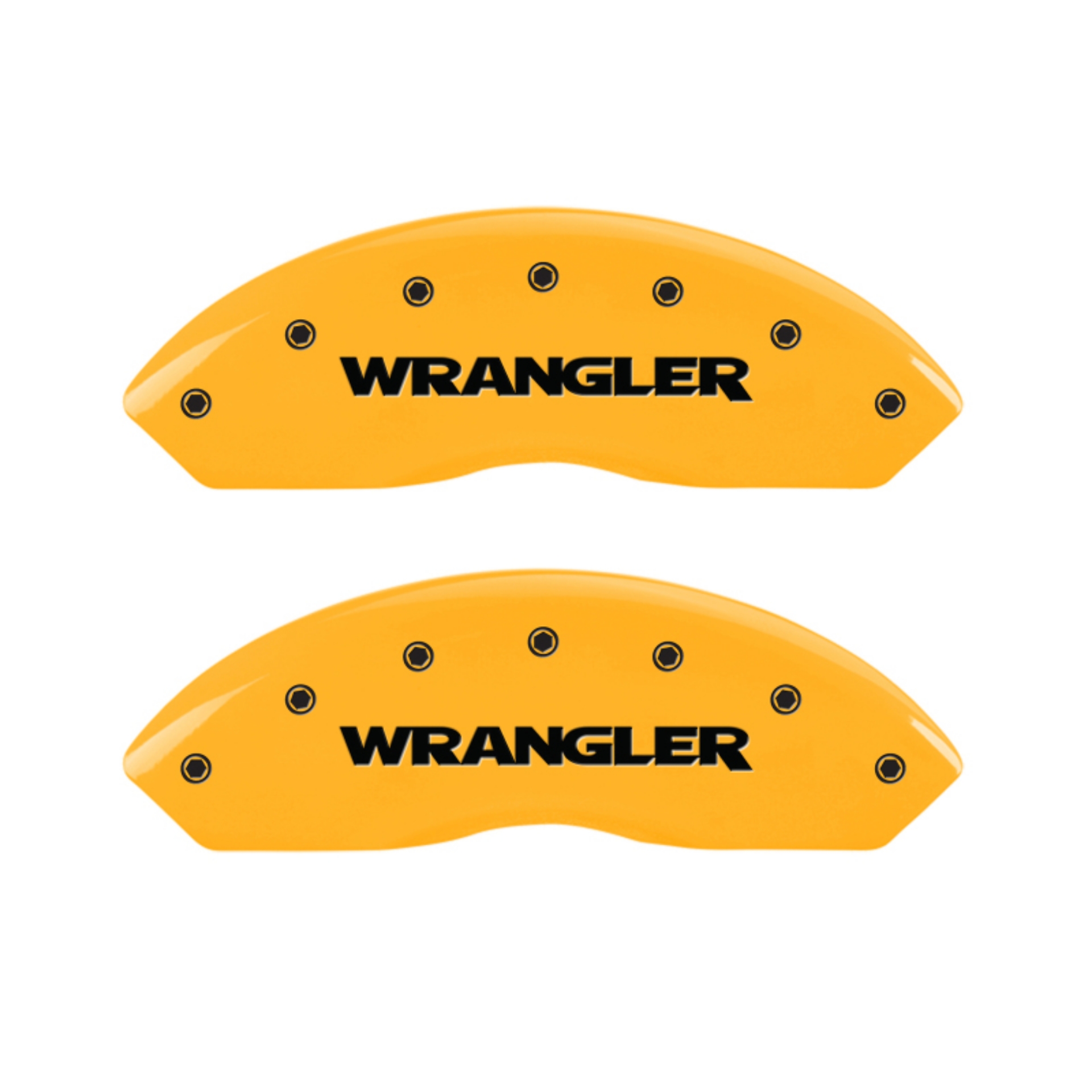 Picture of MGP 4 Caliper Covers Engraved Front & Rear Wrangler Yellow Finish Black Char 2003 Jeep Wrangler