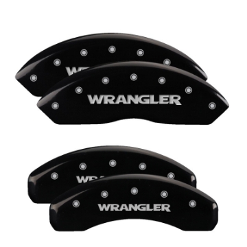 Picture of MGP 4 Caliper Covers Engraved Front & Rear Wrangler Black Finish Silver Char 2018 Jeep Wrangler