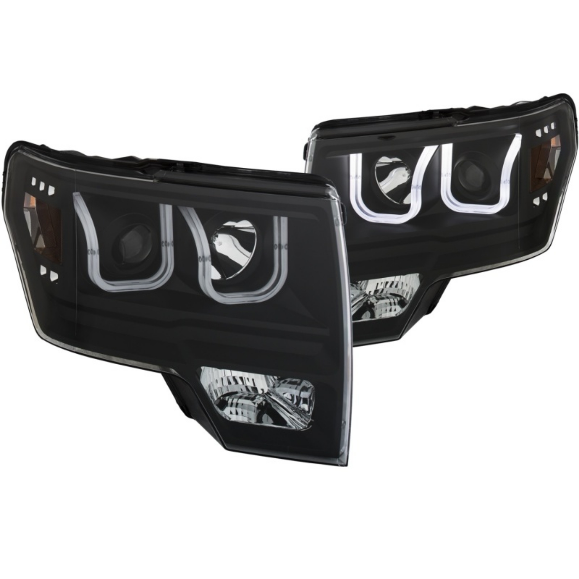 Picture of ANZO 2009-2014 Ford F-150 Projector Headlights w- U-Bar Black Amber HID TYPE WITHOUT HID KIT