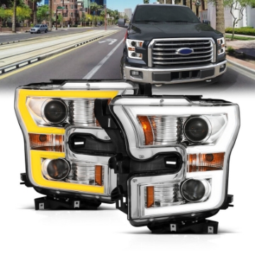 Picture of ANZO 2015-2017 Ford F-150 Projector Headlights w- Plank Style Switchback Chrome w- Amber