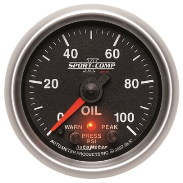 Picture of Autometer Sport-Comp II 52-4mm 0-100 PSI Oil Pressure Peak & Warn w- Electronic Control Gauge