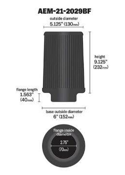 Picture of AEM Dryflow Conical Air Filter 2-75in Flange ID - 6in Base OD - 5-125in Top OD - 9-125in Height