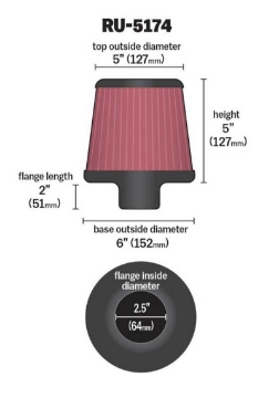 Picture of K&N Universal Rubber Filter-Round Tapered 2-5in Flange ID x 6in Base OD x 5in Top OD x 5in Height