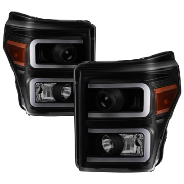 Picture of xTune Ford Super Duty 11-16 Projector Headlights Light Bar DRL Black Smoked PRO-JH-FS11-LBBRL-BSM