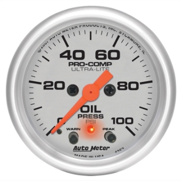 Picture of Autometer Ultra-Lite 52mm 0-100 PSI F-S Electronic Oil Pressure w- Peak Memory & Warning Gauge