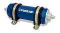 Picture of Fuelab 858 In-Line Fuel Filter Long -8AN In-Out 10 Micron Fabric w-Check Valve - Blue