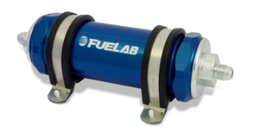 Picture of Fuelab 858 In-Line Fuel Filter Long -8AN In-Out 40 Micron Stainless w-Check Valve - Blue