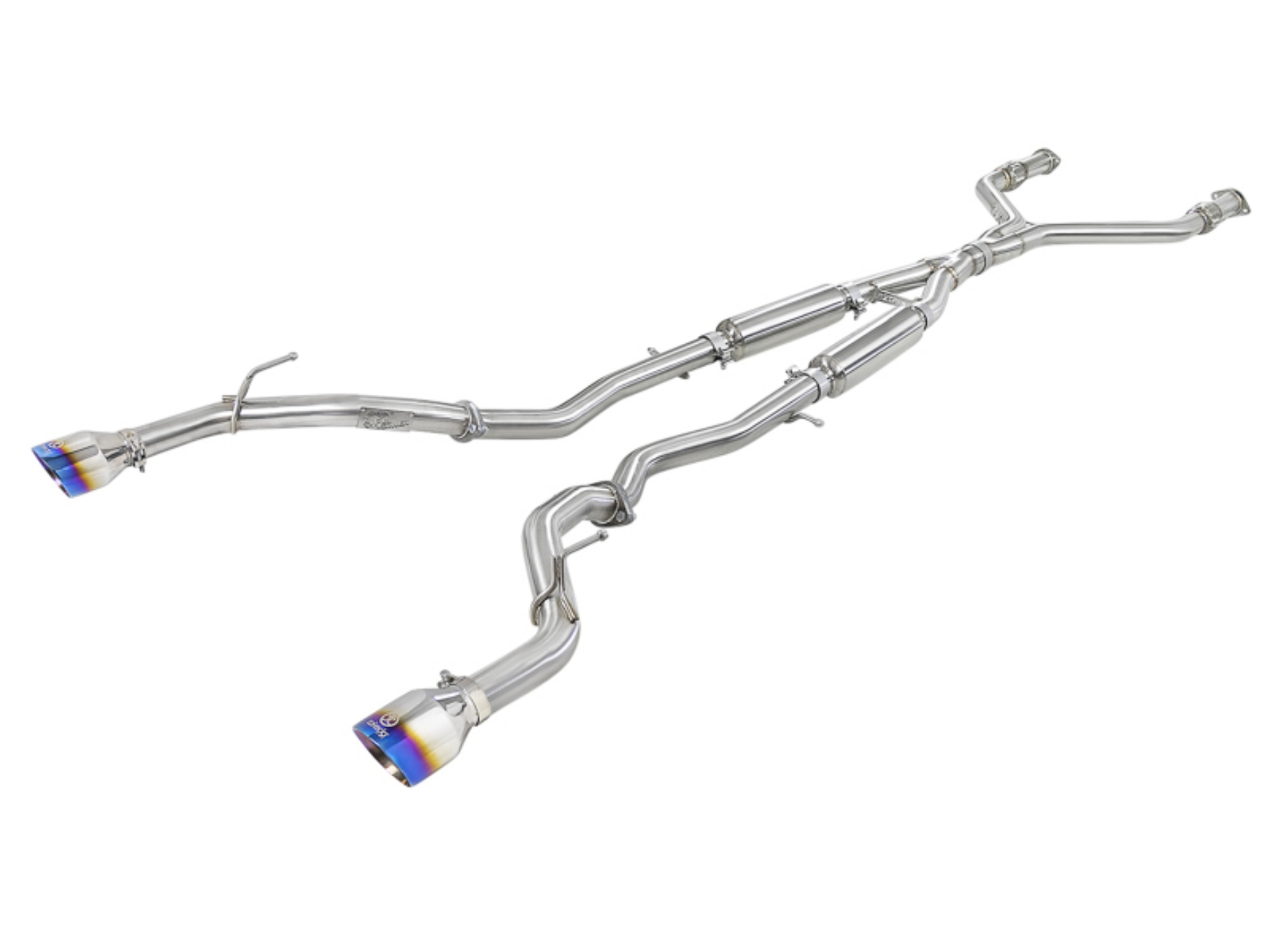 Picture of aFe POWER Takeda 2-5in 304 SS CB Exhaust w- Blue Flame Tips 17-19 Infiniti Q60 V6-3-0L tt