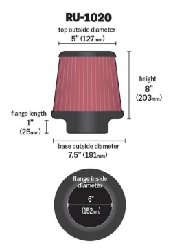 Picture of K&N Universal Tapered Filter 6in Flange ID x 7-5in Base OD x 5in Top OD x 8in Height