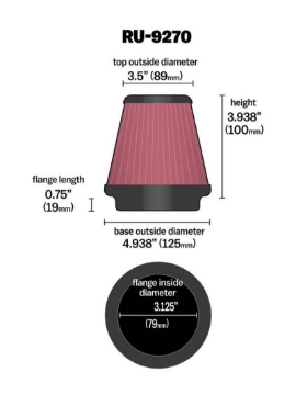 Picture of K&N Universal Tapered Filter 3-1-8in Flange IDx4-15-16in Base OD x 3-1-2in Top OD x 3-15-16in Height