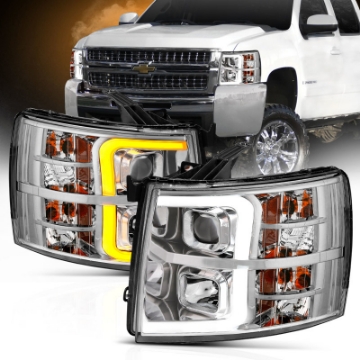 Picture of ANZO 07-13 Chevrolet Silverado 1500-2500-3500 Proj Headlights w- Plank Style Switchback Chrome w-Amb