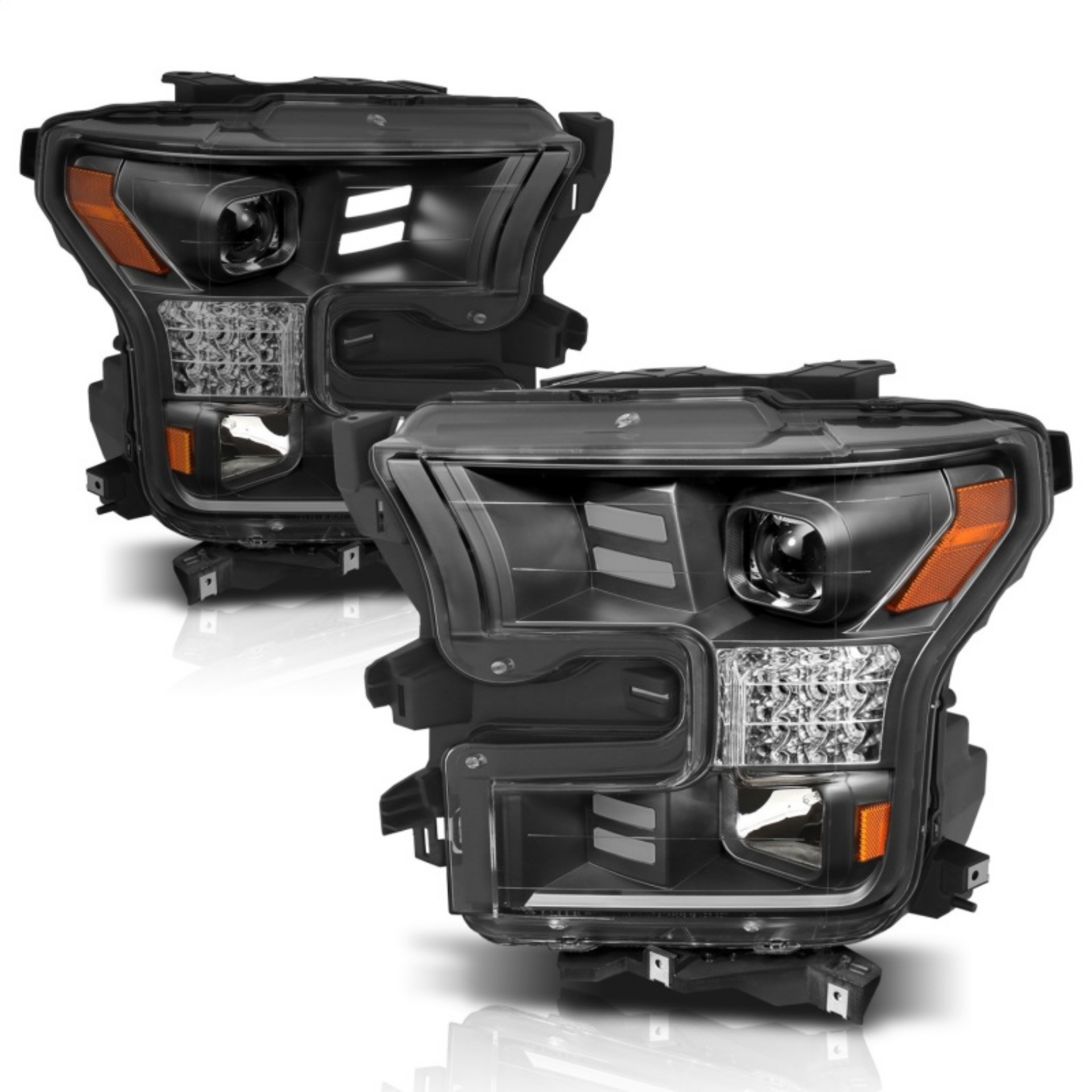 Picture of ANZO 15-17 Ford F-150 Project Headlights w- Plank Style Design Black w- Amber Sequential Turn Signal