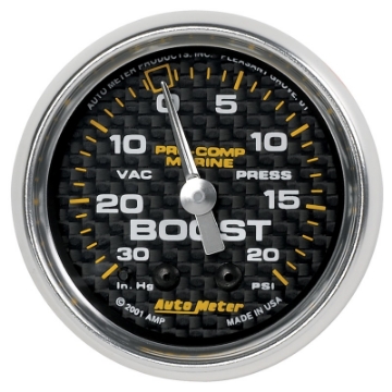 Picture of Autometer Marine Carbon Fiber 2-1-16in 30INHG-20PSI Mechanical Vacuum-Boost Gauge