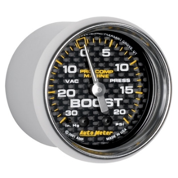 Picture of Autometer Marine Carbon Fiber 2-1-16in 30INHG-20PSI Mechanical Vacuum-Boost Gauge